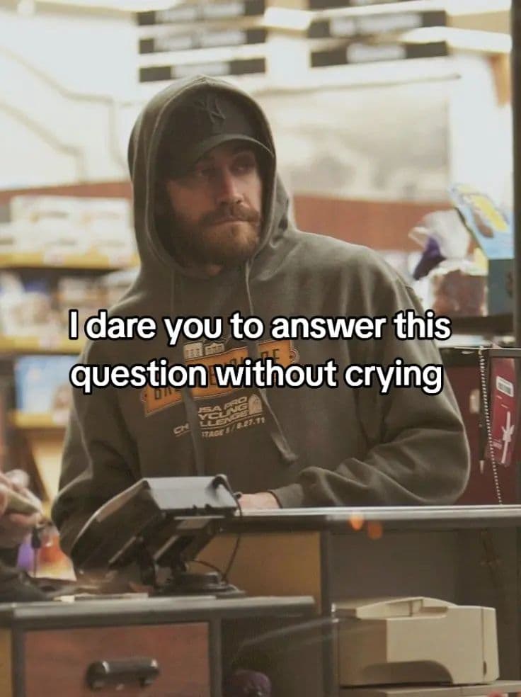 Slide one: a hooded man at a shop checkout under the words I dare you to answer this question without crying.