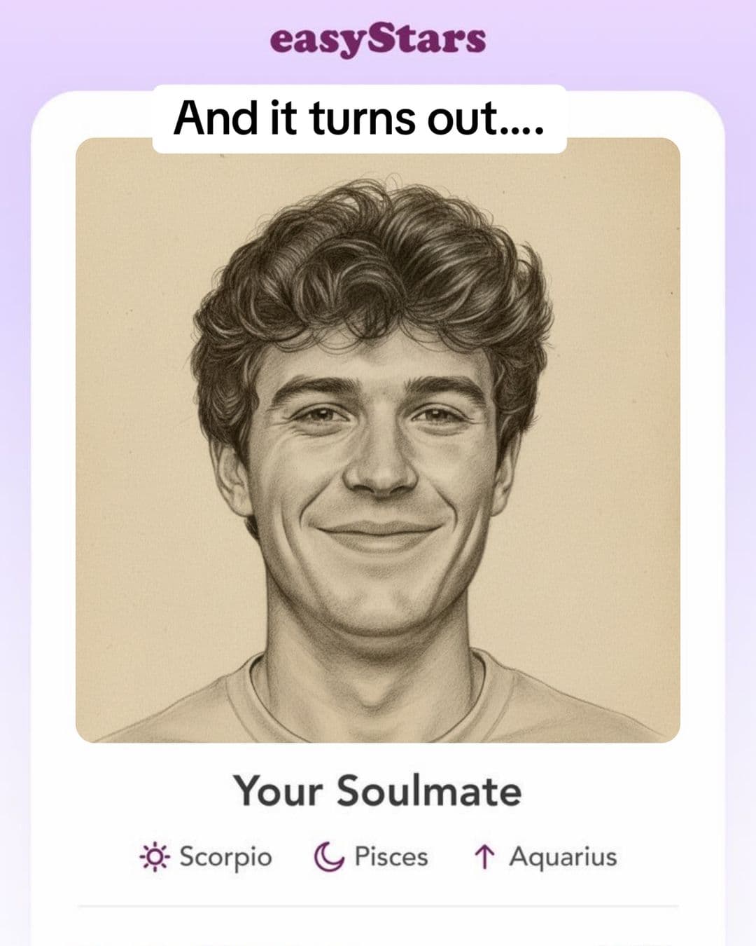 easyStars soulmate card showing a pencil portrait and astrology placements
