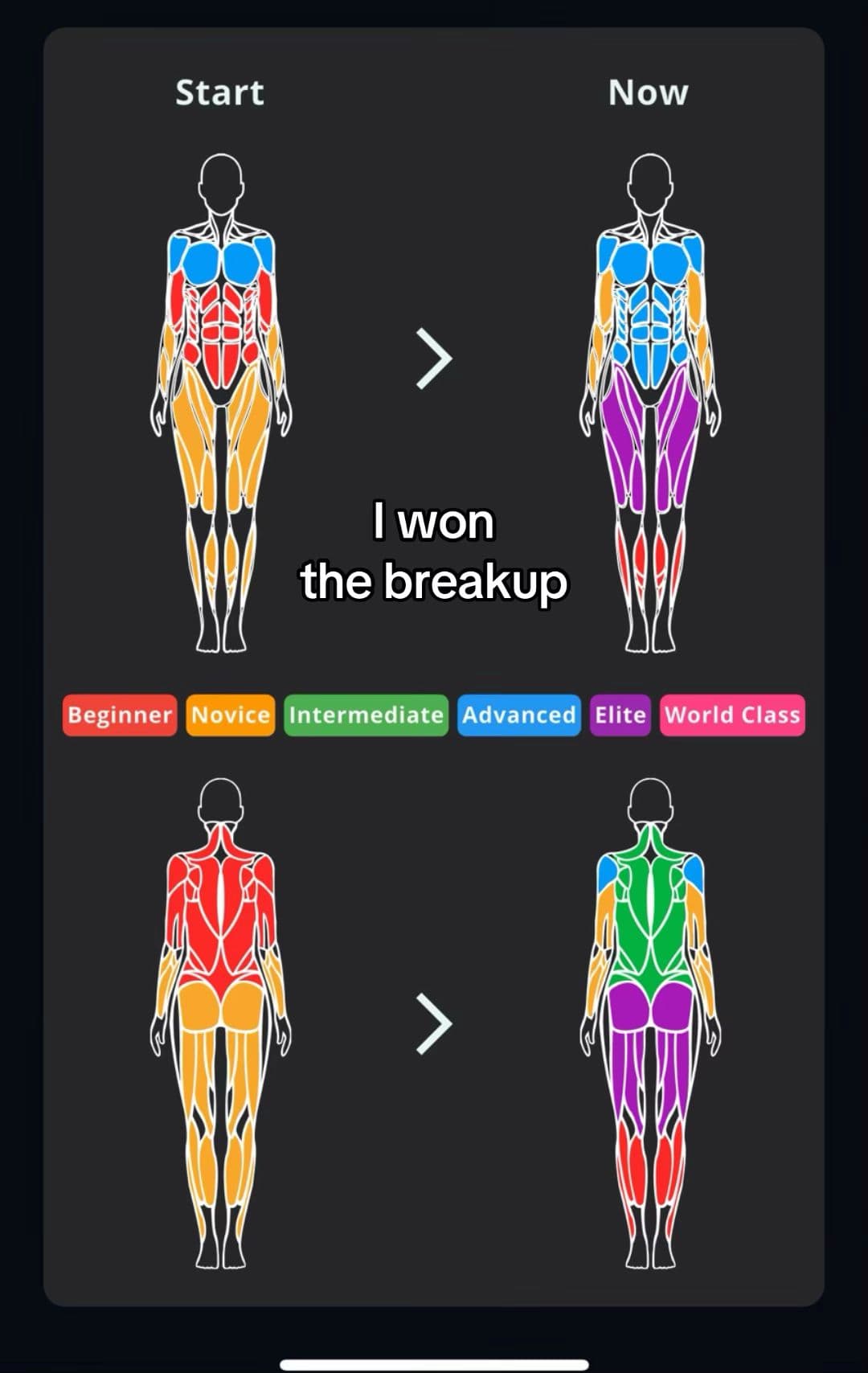 A Stronger muscle map comparing Start with Now, with the text I won the breakup.