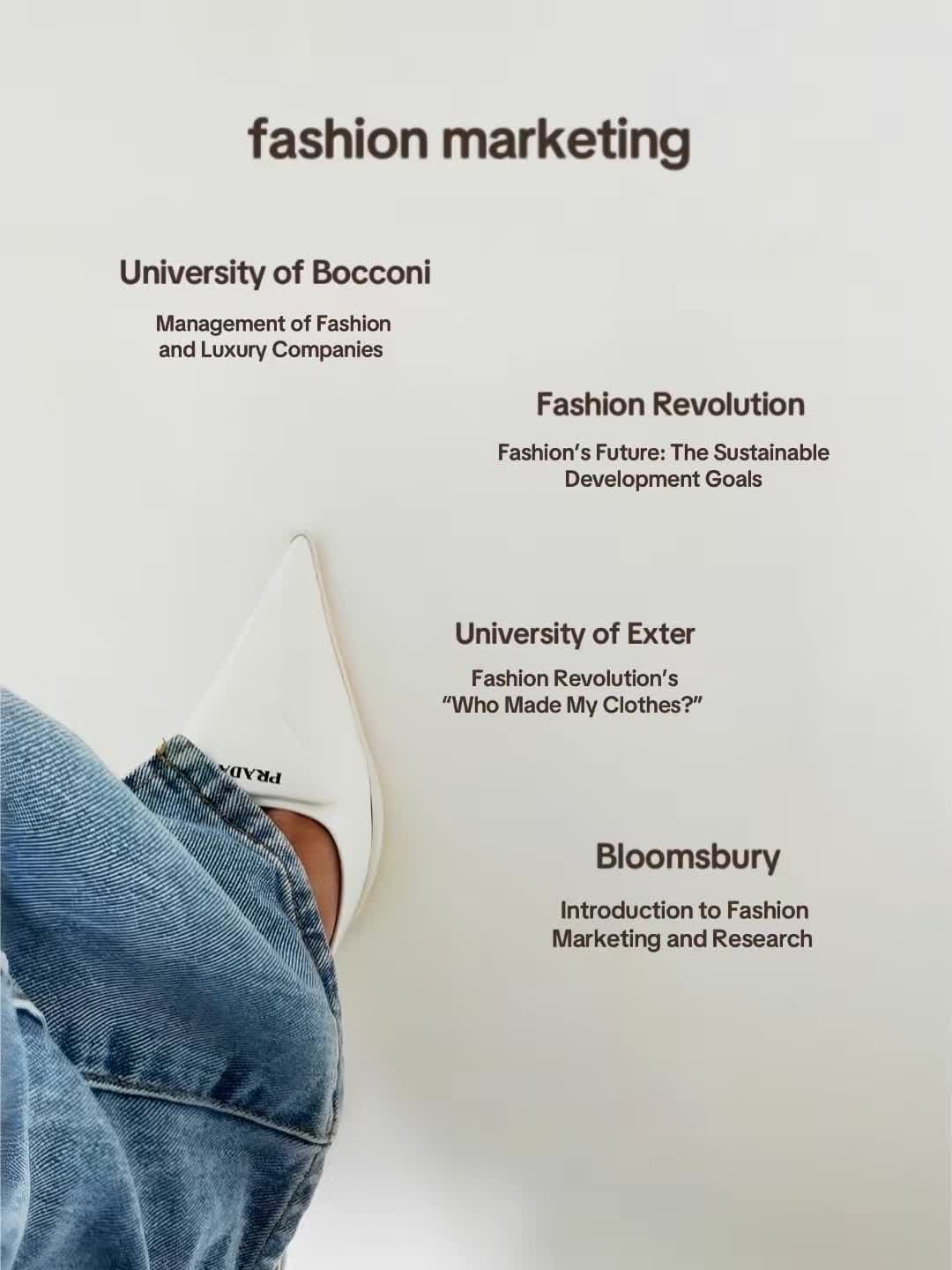 Slide 3 grouping fashion marketing courses from Bocconi, Fashion Revolution, Exeter, and Bloomsbury.
