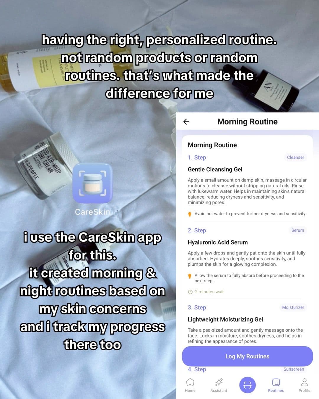 Slide three: skincare products, the CareSkin icon, and a Morning Routine interface with text about personalised routines.