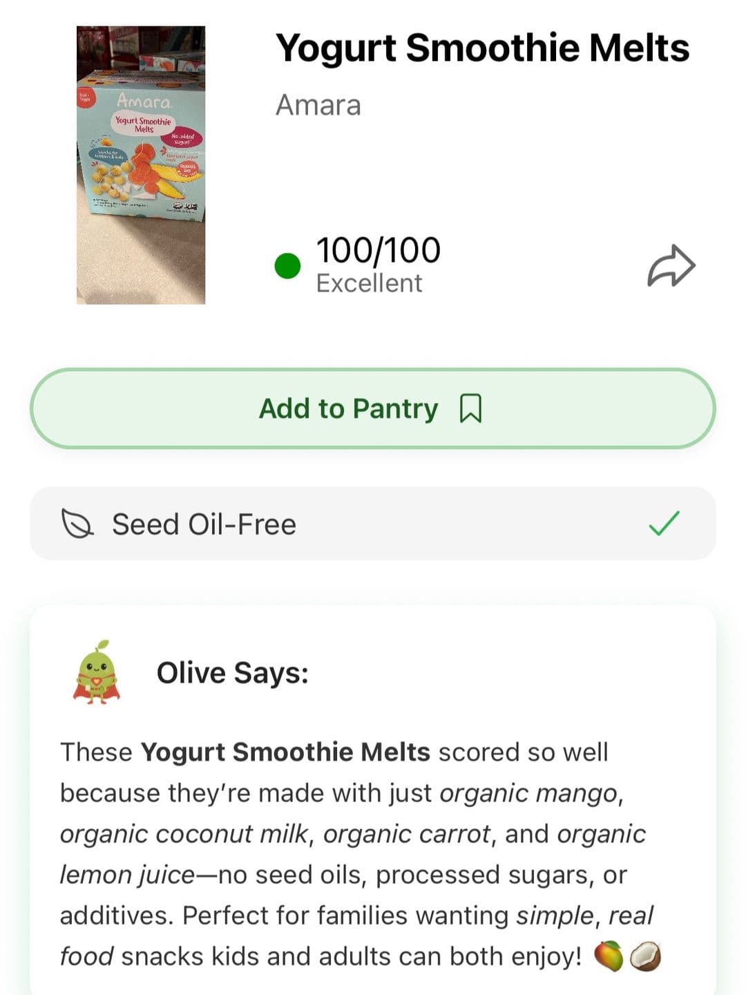 Slide 3, the Olive app scoring the same yogurt smoothie melts 100 out of 100.