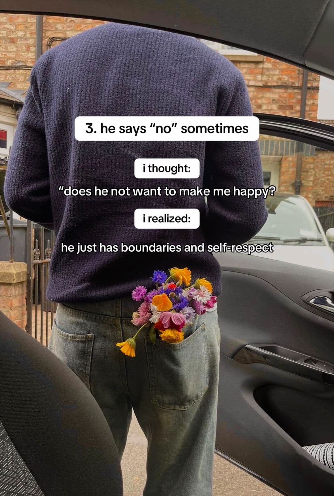 Slide four says he sometimes says no and reframes refusal as boundaries and self-respect.