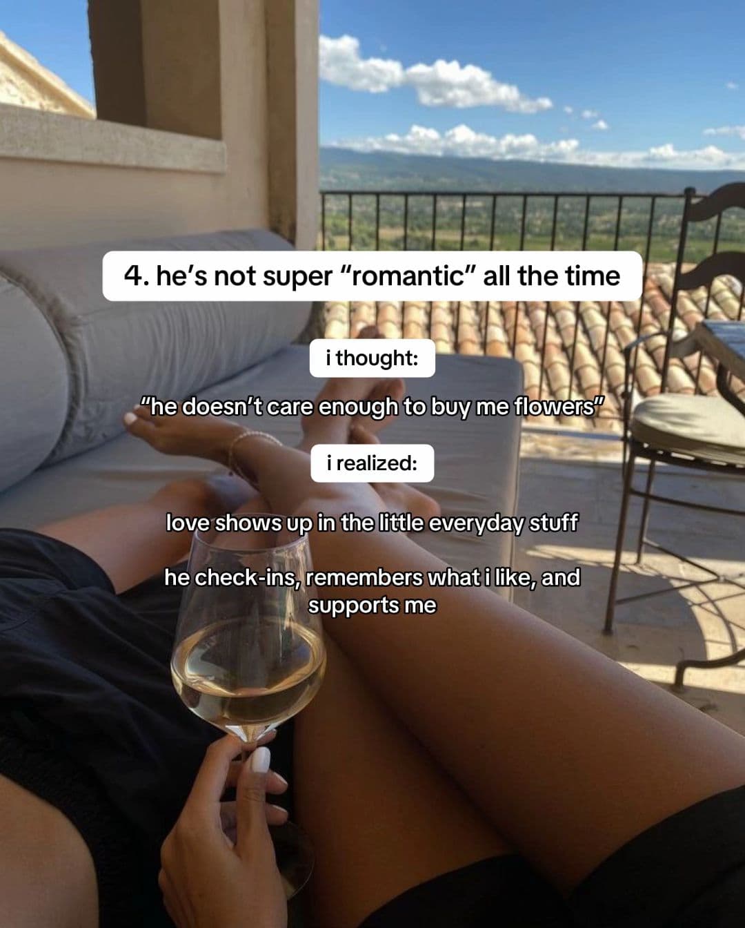 Slide five says he is not always conventionally romantic and reframes romance as everyday care.