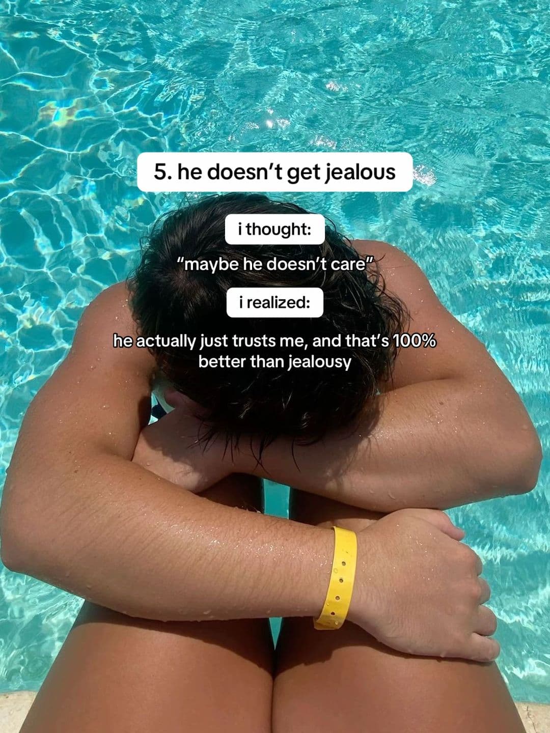 A couple embracing in a pool under text that reframes a lack of jealousy as trust.