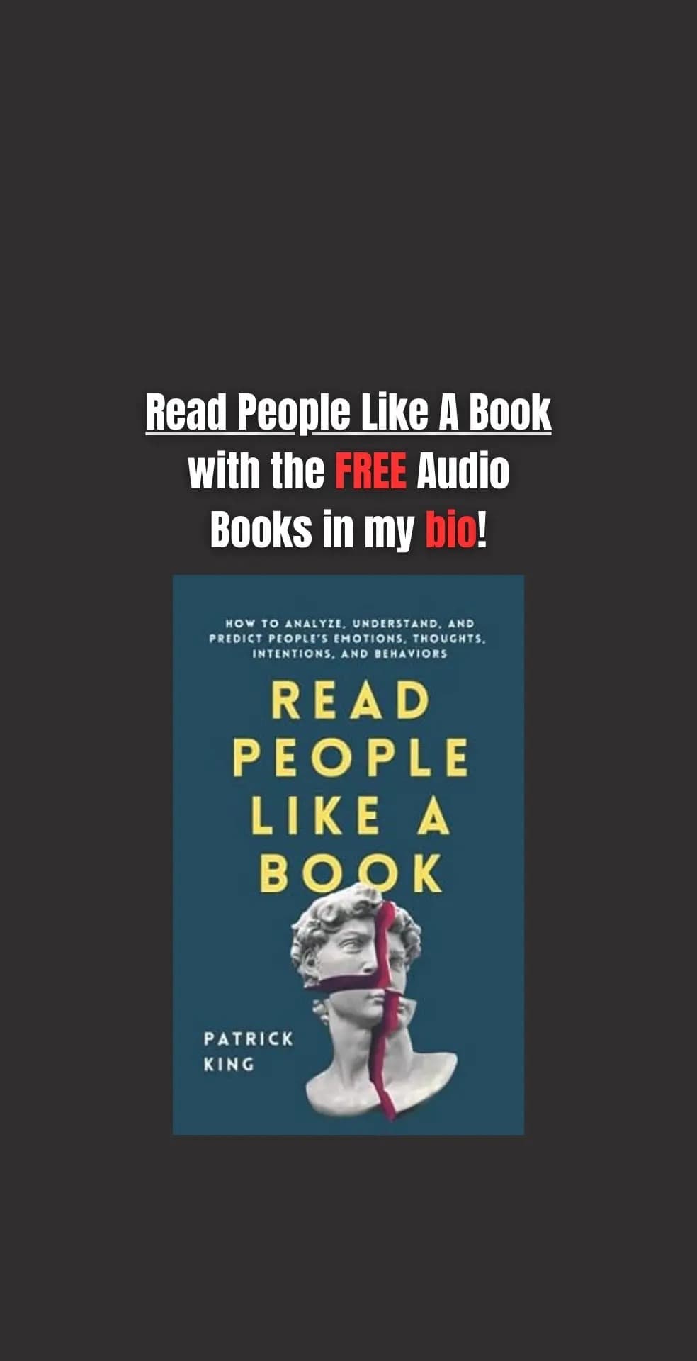 Slide six promotes free audiobooks in the creator's bio and shows Read People Like a Book.