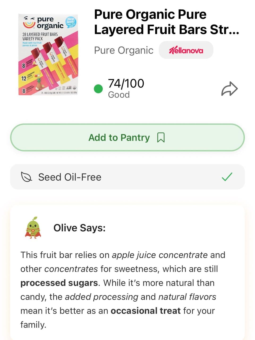 Slide 9, the Olive app scoring the Pure Organic fruit bars 74 out of 100.