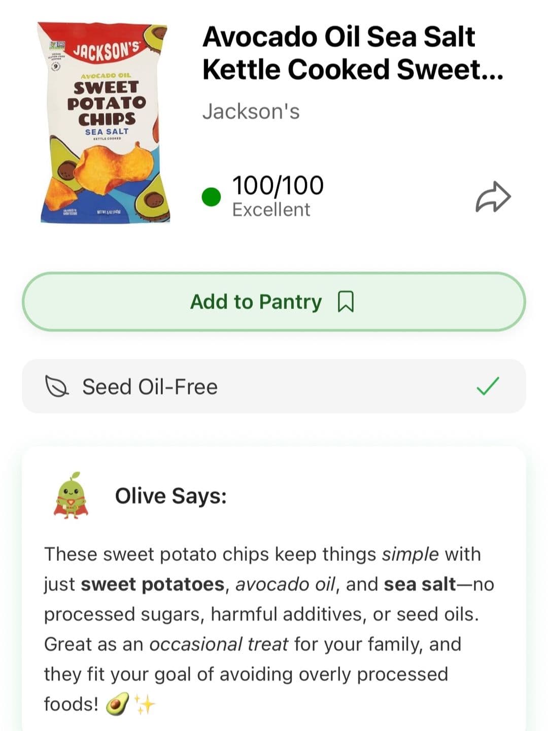 Slide 11, the Olive app scoring Jackson's sweet potato chips 100 out of 100.